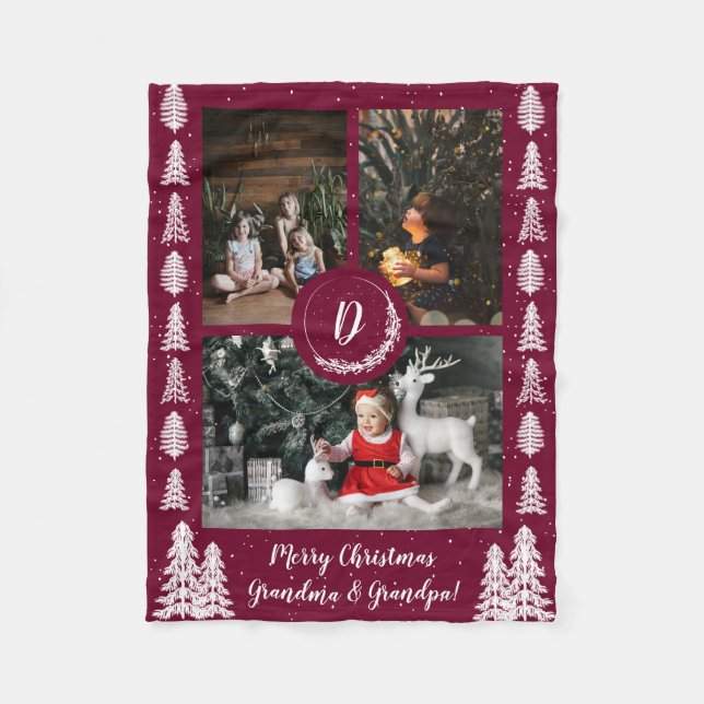 Red Snowy Christmas Trees Holiday Fleece Blanket (Front)
