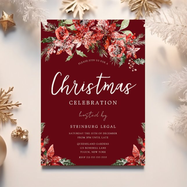 Red Snowy Floral Office Corporate Christmas Party Invitation (Creator Uploaded)