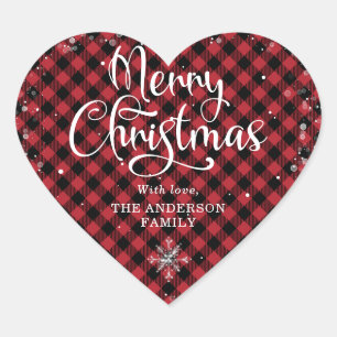 Red Snowy Plaid Calligraphy Merry Christmas Heart Sticker