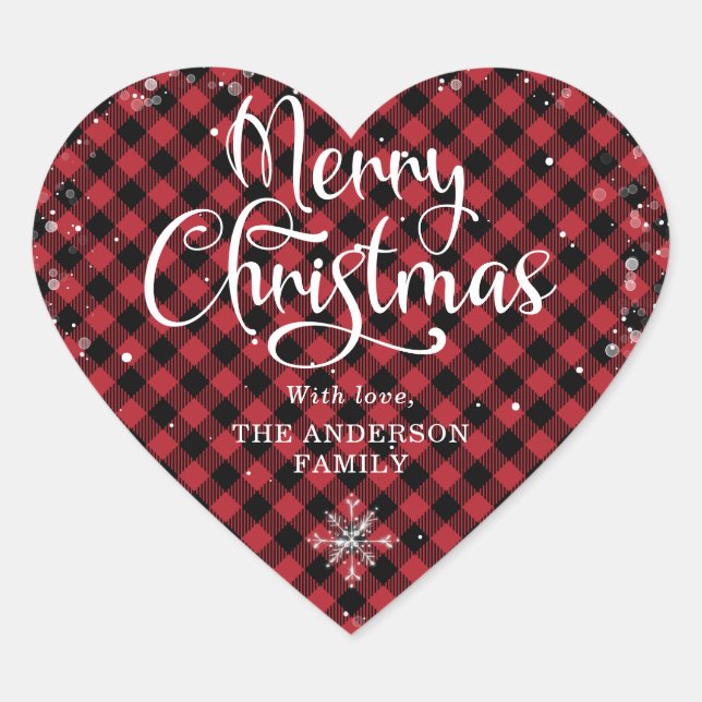 Red Snowy Plaid Calligraphy Merry Christmas Heart Sticker (Front)