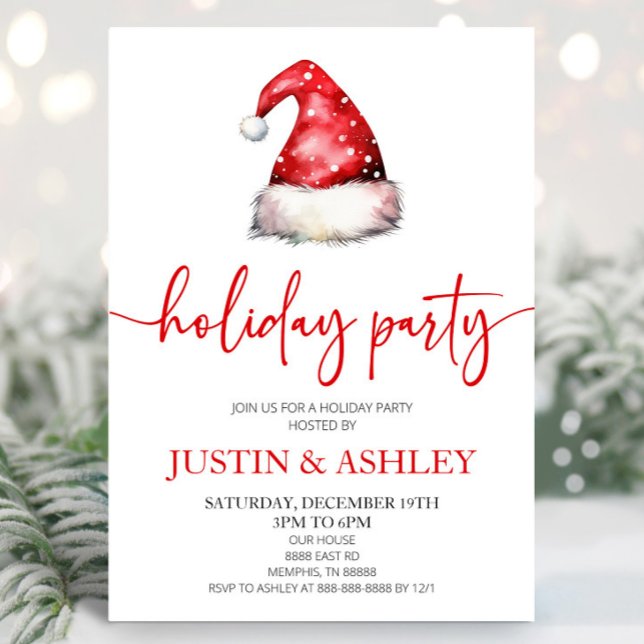 Red Snowy Santa Hat Christmas Holiday Party Invitation (Creator Uploaded)
