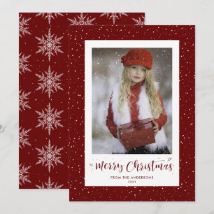 Red Snowy Snowflake Photo Merry Christmas Cards