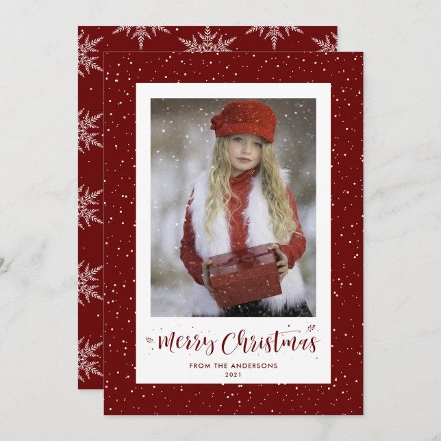 Red Snowy Snowflake Photo Merry Christmas Cards (Front/Back)