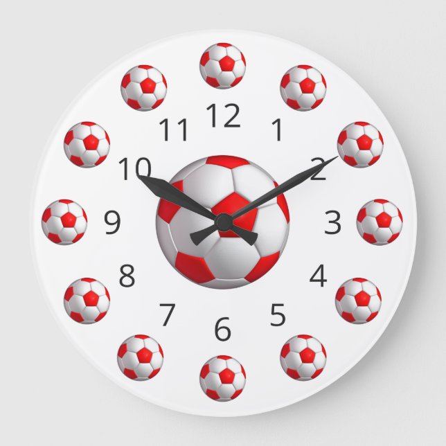 Red Soccer Ball Atom Clock with Numbers (Front)