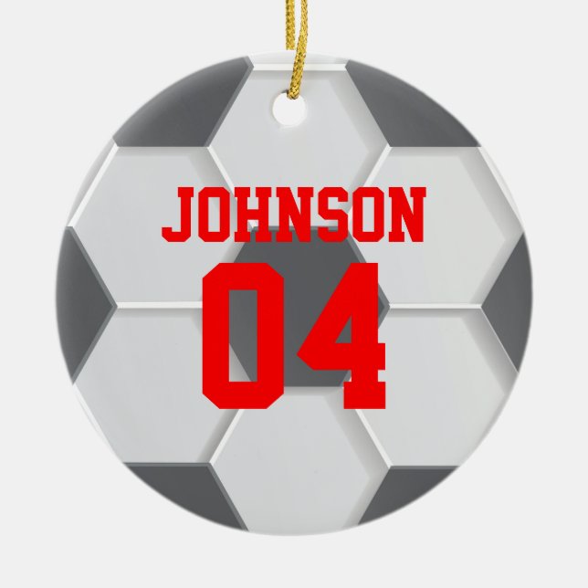 Red Soccer Ball Christmas Ceramic Tree Decoration (Front)
