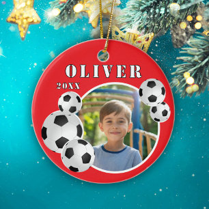 Red Soccer Ball Football Sports Photo Ceramic Tree Decoration