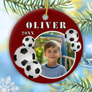 Red Soccer Ball Football Sports Photo Ceramic Tree Decoration