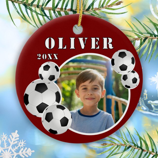 Red Soccer Ball Football Sports Photo Ceramic Tree Decoration (Creator Uploaded)