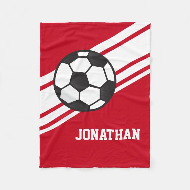 Red Soccer Ball Sports Personalised Name Fleece Blanket (Front)