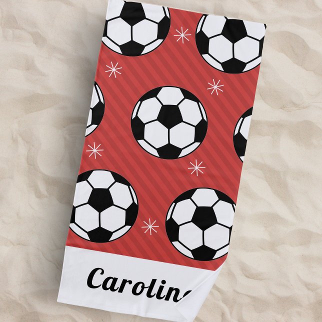Red Soccer Ball Winter Striped Snowflake Name Cute Beach Towel (Creator Uploaded)