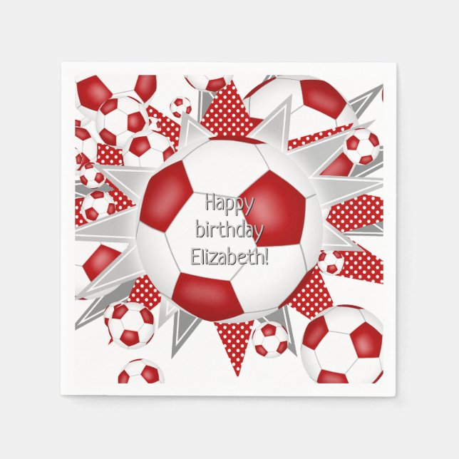 Red soccer balls stars birthday or team  napkin (Front)