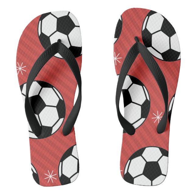Red Soccer Christmas Striped Festive Ball & Snow  Flip Flops (Footbed)