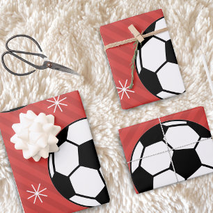 Red Soccer Christmas Striped Festive Ball & Snow  Wrapping Paper Sheet