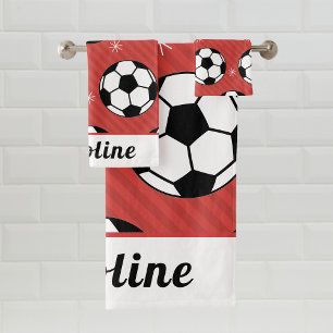 Red Soccer Christmas Style Ball & Snow Kids Name Bath Towel Set