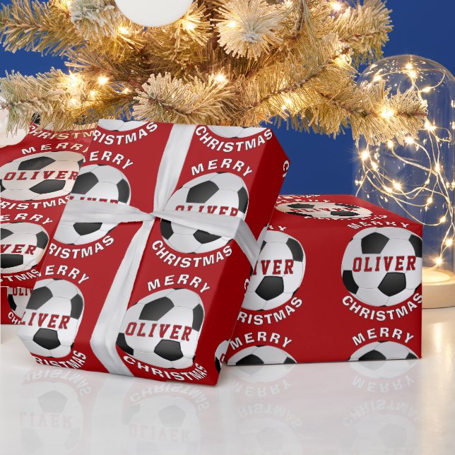 Red Soccer Football Balls Kids Name Christmas Wrapping Paper (Holidays)