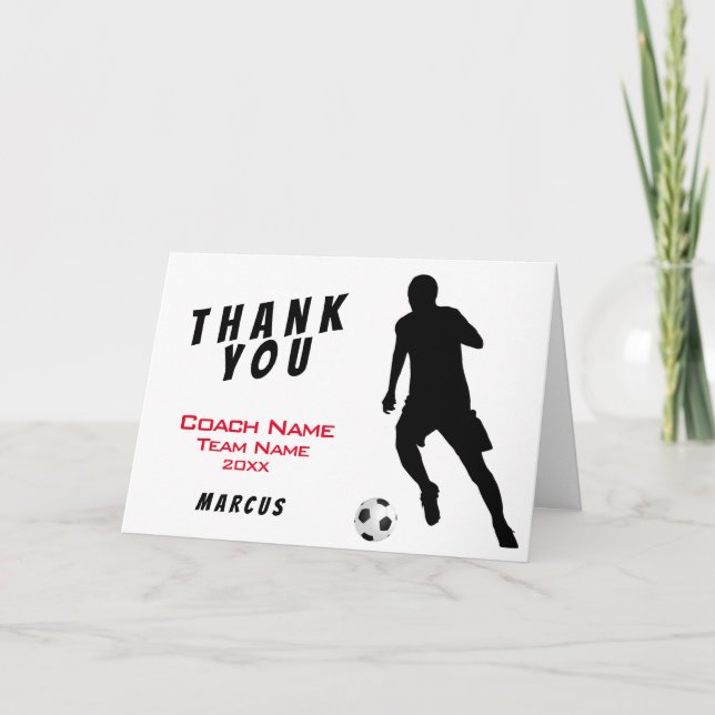 Red Soccer Football Player Thank you Coach Card (Front)