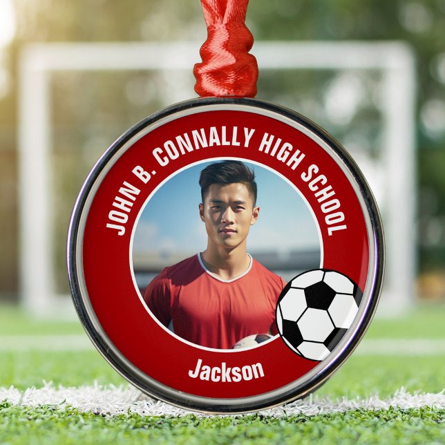 Red Soccer Player Photo High School Christmas Metal Tree Decoration (Creator Uploaded)