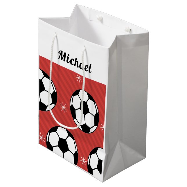Red Soccer Striped Festive Ball & Snow Boys Name Medium Gift Bag (Front Angled)