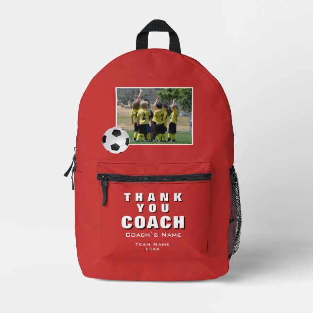 Red Soccer Thank you Coach Team Photo  Printed Backpack (Front)