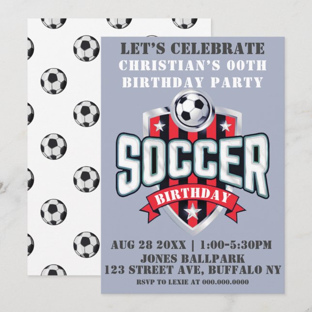 Red Soccer Theme Birthday Party Invitations  (Front/Back)