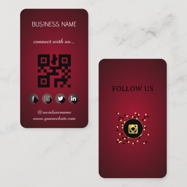 Red -Social Media QR Code  Business Card (Front/Back)