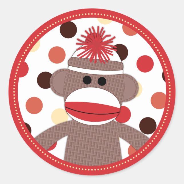 Red Sock Monkey Favour Sticker Seals - Baby Shower (Front)
