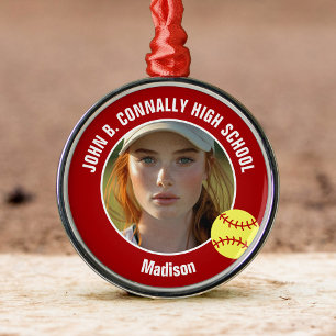 Red Softball Player Photo High School Christmas Metal Tree Decoration