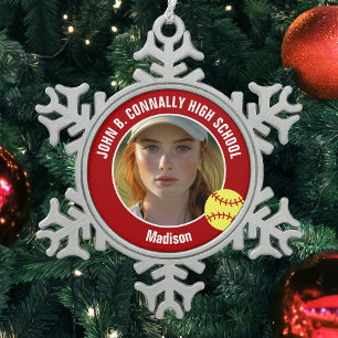Red Softball Player Photo High School Keepsake Snowflake Pewter Christmas Ornament