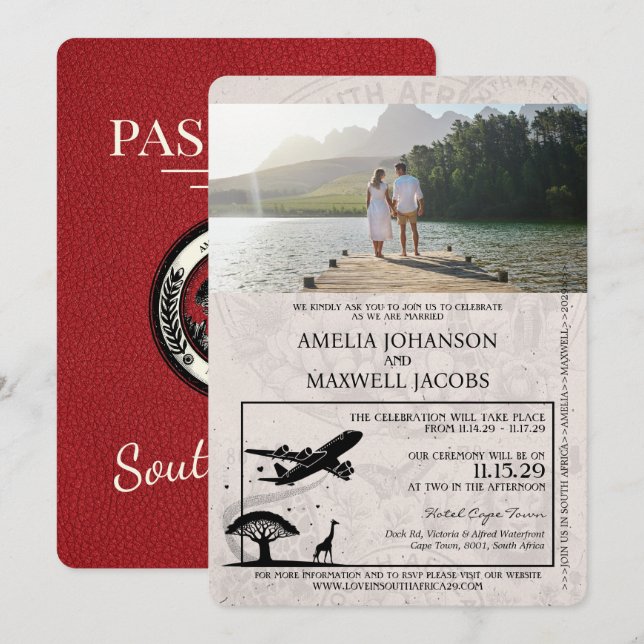 Red South Africa Passport Wedding Invitation (Front/Back)