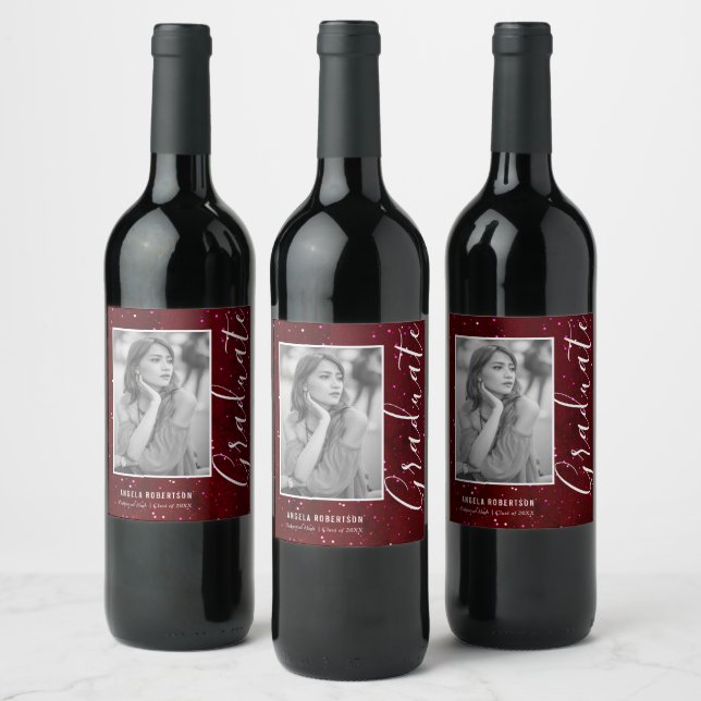 Red Space Glitter Personalised Photo Graduation Wine Label (Bottles)