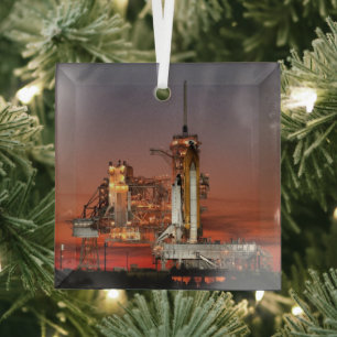 Red Space Shuttle Spaceship Atlantis on Launch Pad Glass Tree Decoration