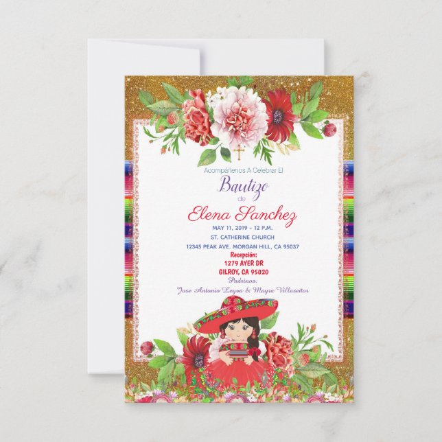 Red Spanish Fiesta Girl Baptism Christening Invitation (Front)