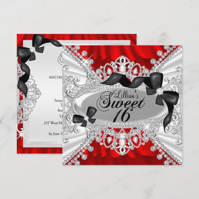 Red Sparkle Diamond & Bow Sweet 16 Invite (Front/Back)