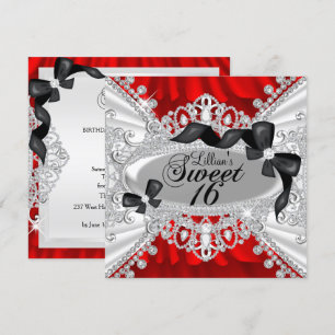 Red Sparkle Diamond & Bow Sweet 16 Invite