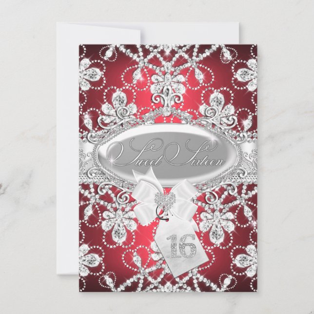 Red Sparkle Diamond Tiara Princess Sweet 16 Invite (Front)