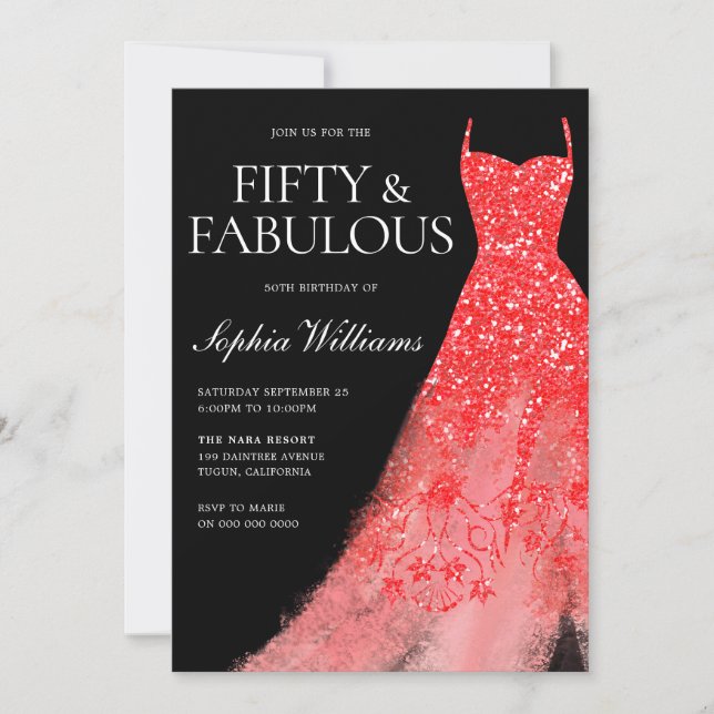 Red Sparkle Dress Black 50th Birthday Party  Invitation (Front)