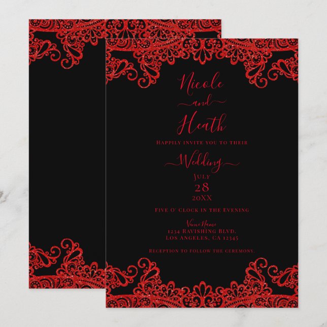 Red Sparkle Glitter Lace Black Elegant Wedding   Invitation (Front/Back)