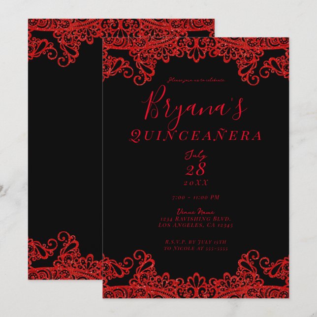 Red Sparkle Glitter Lace Black Quinceañera   Invitation (Front/Back)