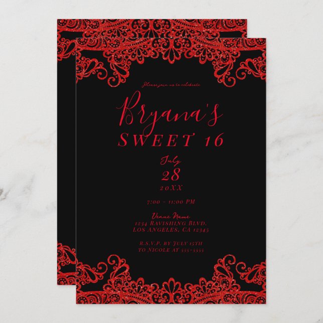 Red Sparkle Glitter Lace Black Sweet 16 Party Invitation (Front/Back)