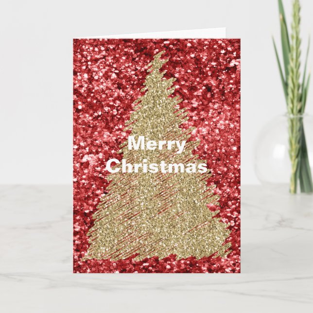 Red Sparkle Glitz Gold Christmas Tree Card (Front)