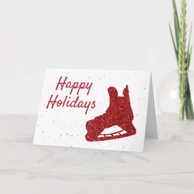 Red sparkle ice hockey Christmas Card (Front)