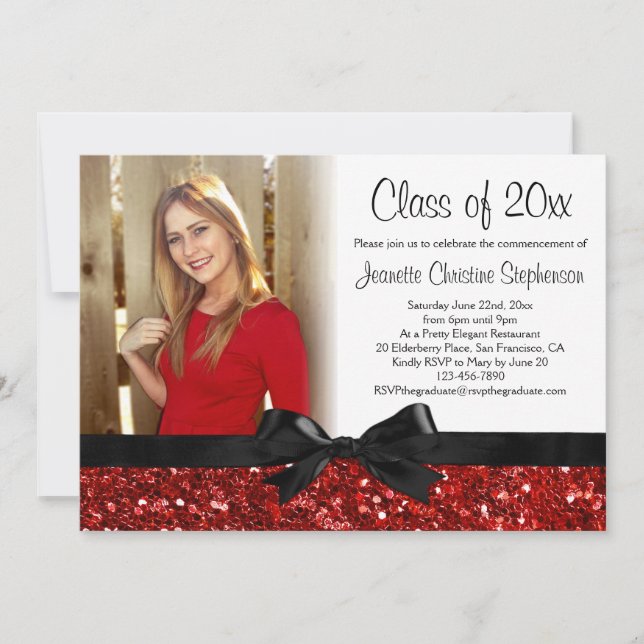 Red Sparkle-look Ribbon Bow Photo Graduation Invitation (Front)