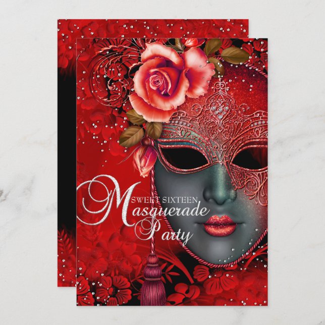 Red sparkle Mask Masquerade Sweet 16 Invite (Front/Back)