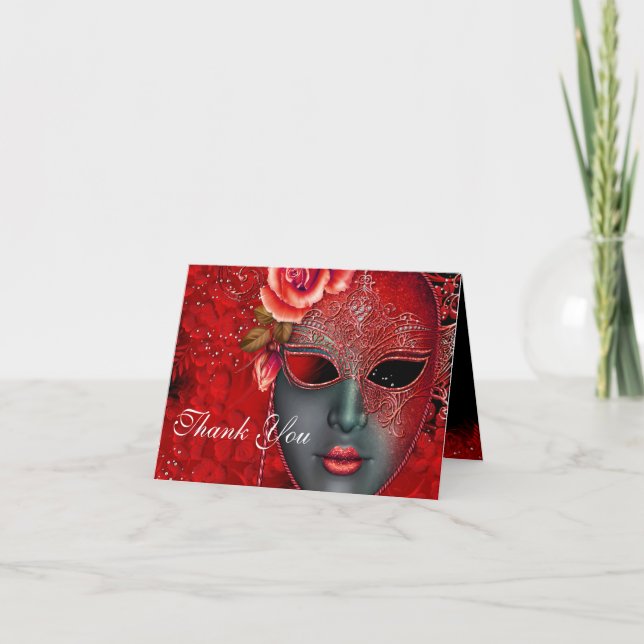Red Sparkle Mask Masquerade Thank You Card (Front)