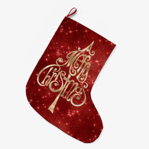 Red Sparkle Merry Christmas Tree Large Christmas Stocking