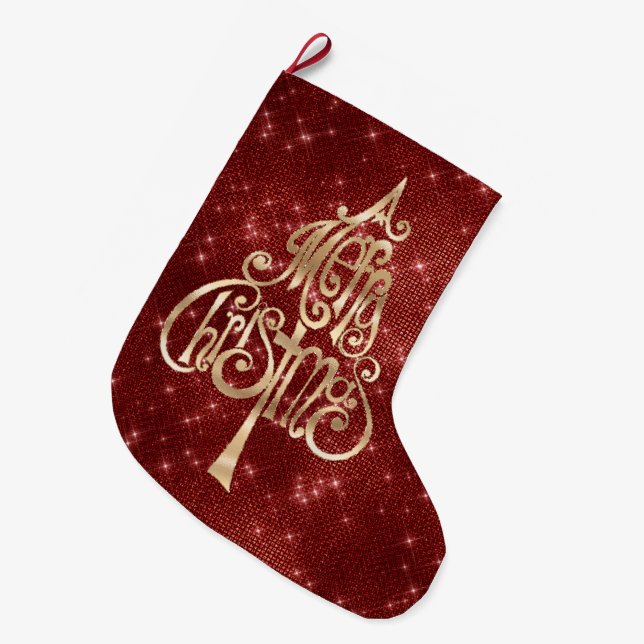 Red Sparkle Merry Christmas Tree Large Christmas Stocking (Front (Hanging))