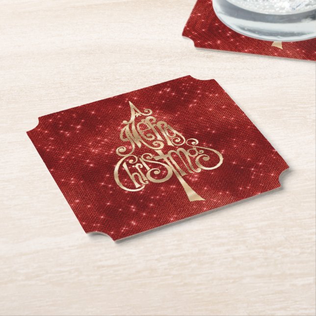 Red Sparkle Merry Christmas Tree Paper Coaster (Angled)