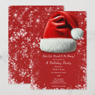 Red Sparkle Santa Hat Holiday Christmas Party Invitation