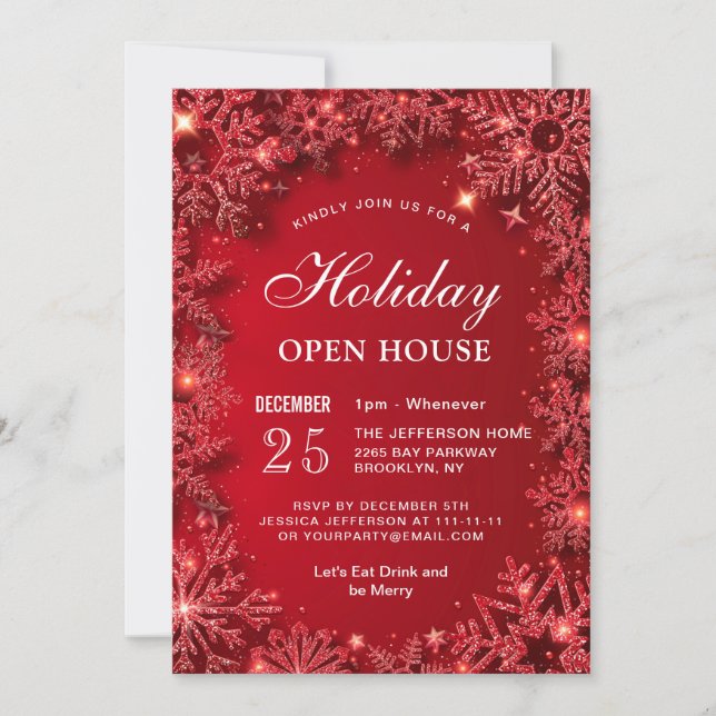 Red Sparkle Snowflake Christmas Holiday OPEN HOUSE Invitation (Front)