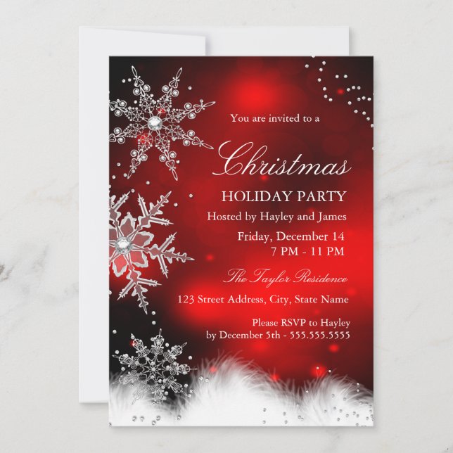 Red Sparkle Snowflake Christmas Holiday Party Invitation (Front)